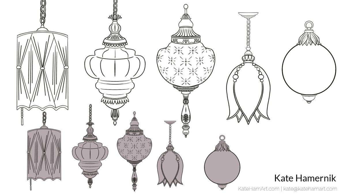 mid century swag lamps, prop design