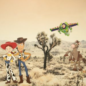 Woody, Jessie, Bullseye, and Buzz in Joshua Tree upcycled painted landscape