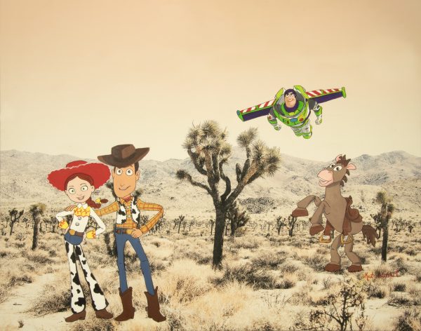 Woody, Jessie, Bullseye, and Buzz in Joshua Tree upcycled painted landscape