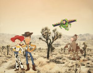 Woody, Jessie, Bullseye, and Buzz in Joshua Tree upcycled painted landscape