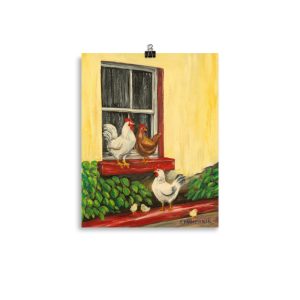 Chickens on the window sill poster print