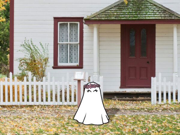 Halloween lawn decor, sheet ghost with flower crown