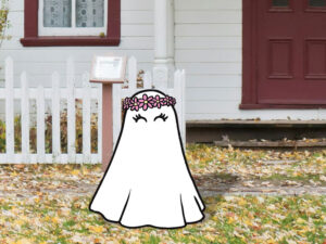 Halloween lawn decor, sheet ghost with flower crown