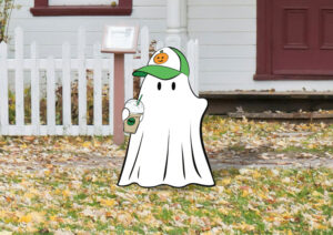 ghost wearing baseball hat Halloween lawn decor