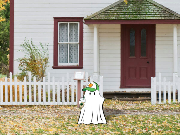 ghost wearing a baseball hat with halloween drink