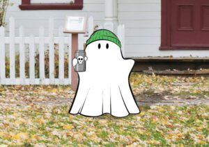 Whimsical Ghost with Beanie & Skull Drink – Halloween Yard Sign