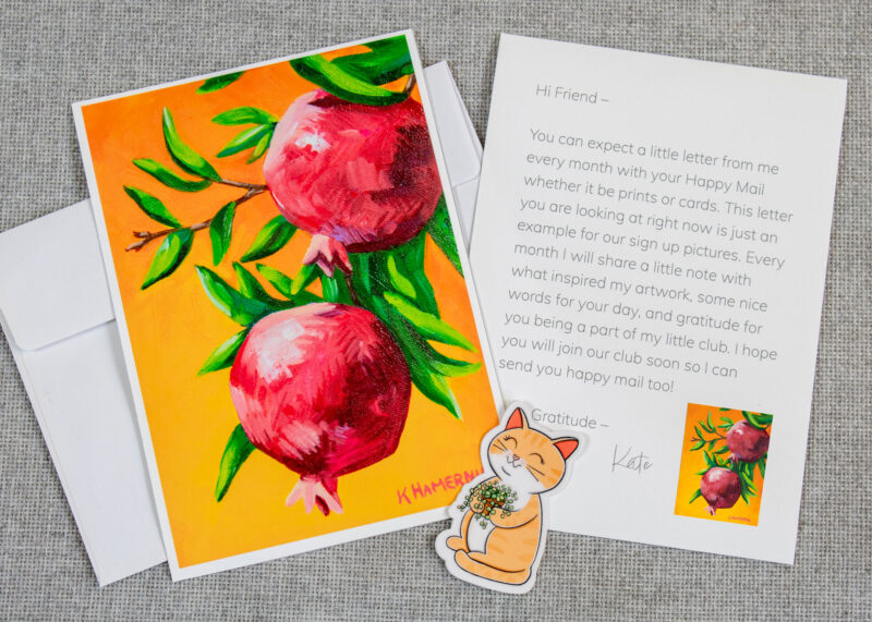 Kate Ham Art Print Club sample art mail photographed with club materials