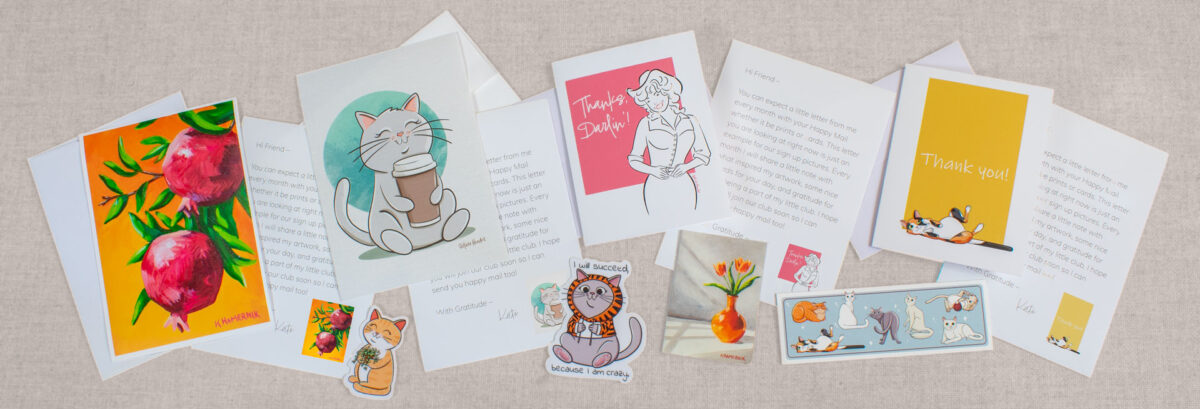 Kate Ham Art Mail Club assortment of prints, cards and happy mail